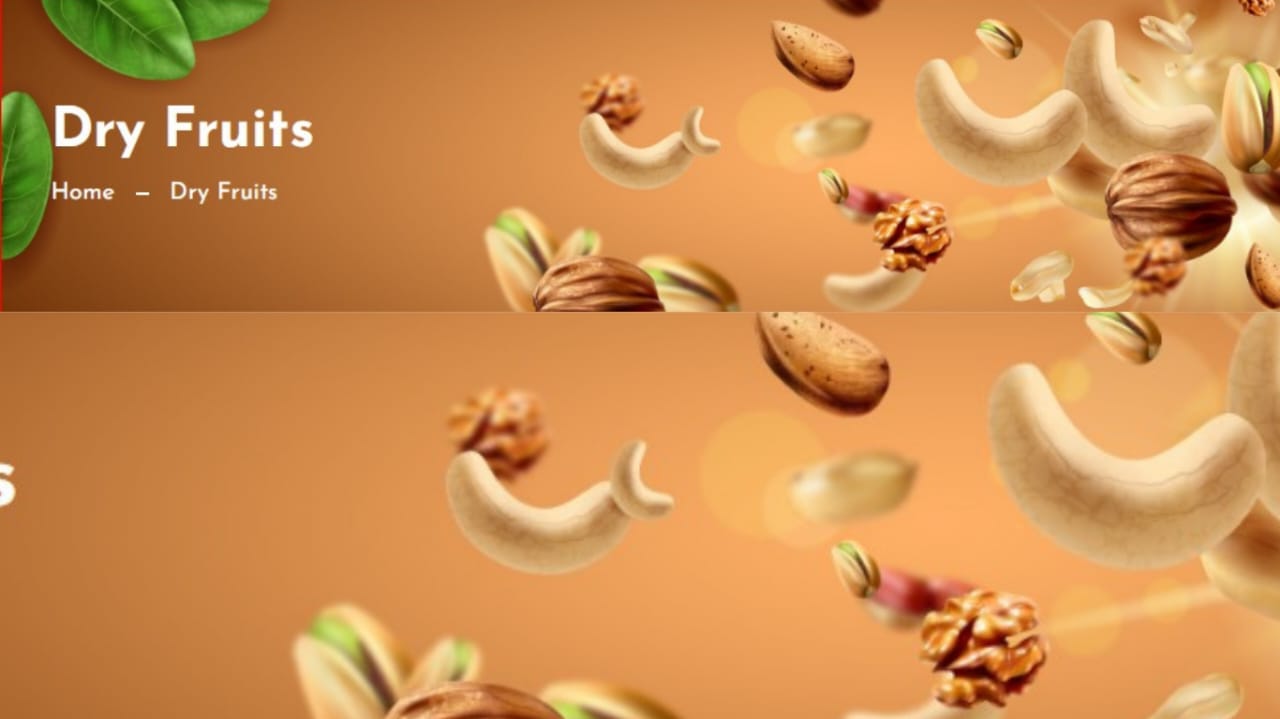 Dry fruits including cashews and almonds on a brown background with 'Dry Fruits' text.